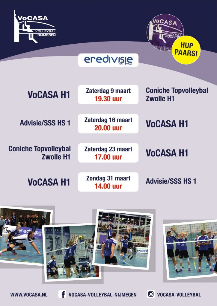wedstrijden VoCASA H1: 9, 16, 23 en 31 maart 2019